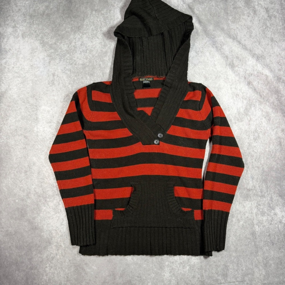 Red Paint Striped Sweater Hoodie Brown Orange Shawl Collar Womens S Fall Cozy